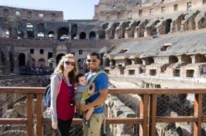 Family with baby in carrier in Rome Italy sightseeing. Italy With Kids
