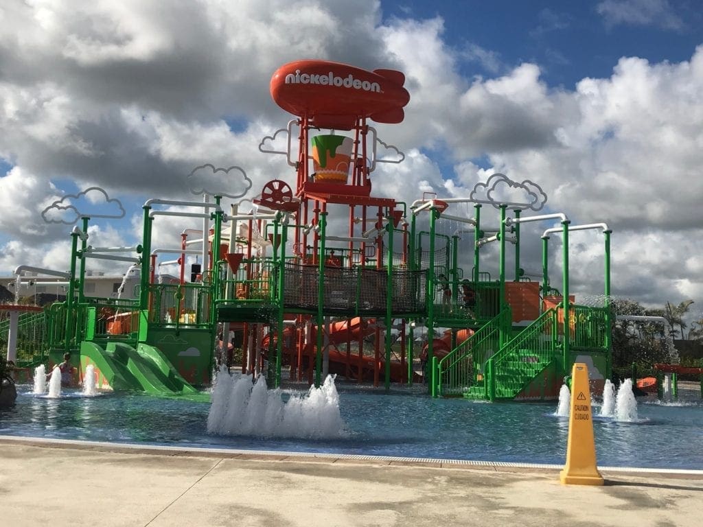 The large outdoor splash pad, where kids can play in the water, at Nickelodeon Resort Punta Cana.