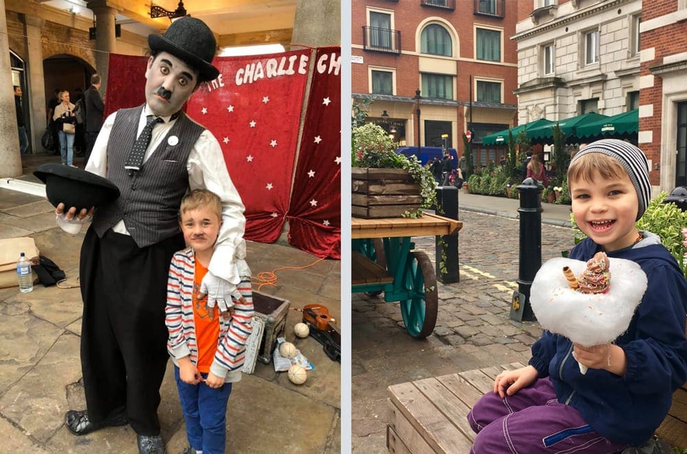Left image: a young boy stands with a Charlie Chaplin impersonator on a London street within Covent Garden. Right image: a young boy eats a very sweet treat in Covent Garden.