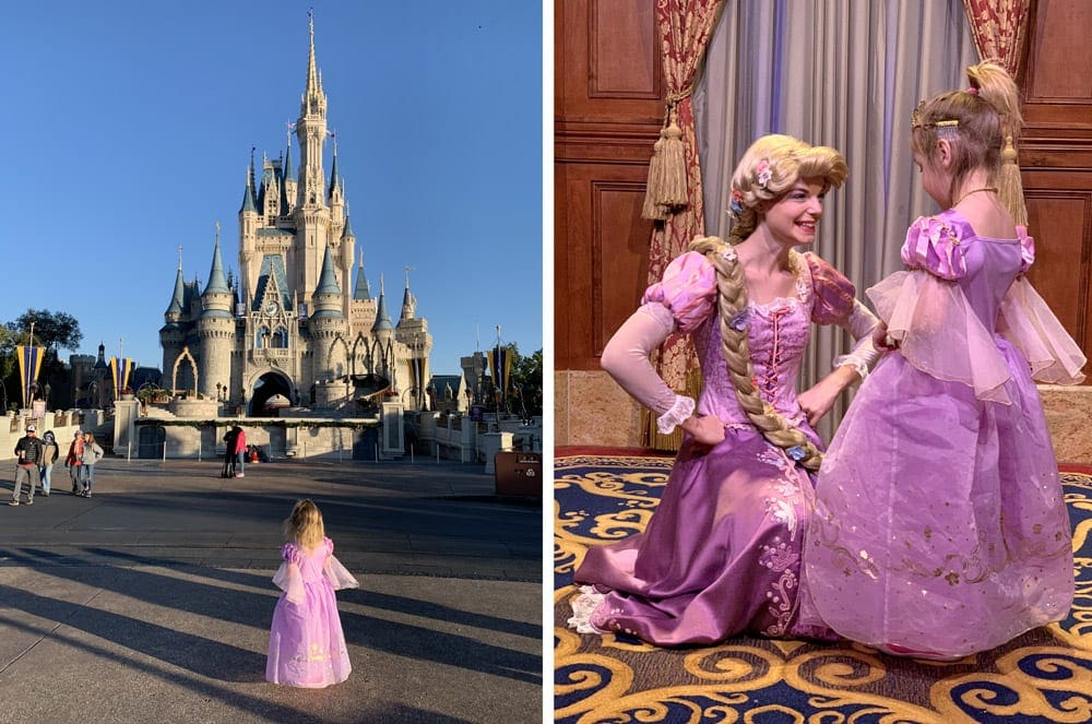 Left Image: A young girl wearing a Rapunzel dress stares up at Cinderella's castle in Magic Kingdom. Right Image: A young girl wearing a Rapunzel dress meets Rapunzel at Magic Kingdom.