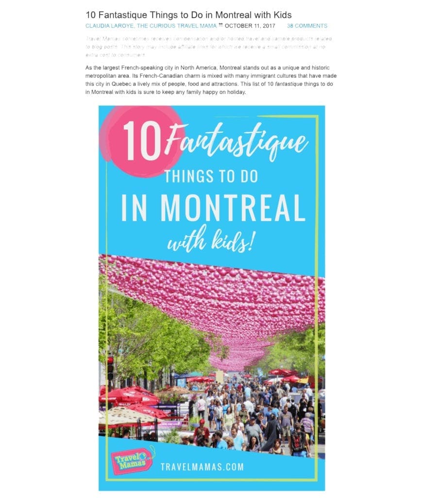 A screenshot of Travel Mamas blog on 10 Fantastique Things to Do in Montreal with Kids.