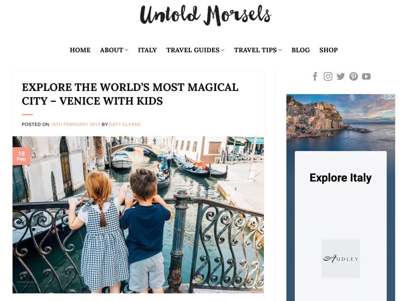 A view of the blog from Untold Morsels, featuring their piece on Venice with kids.