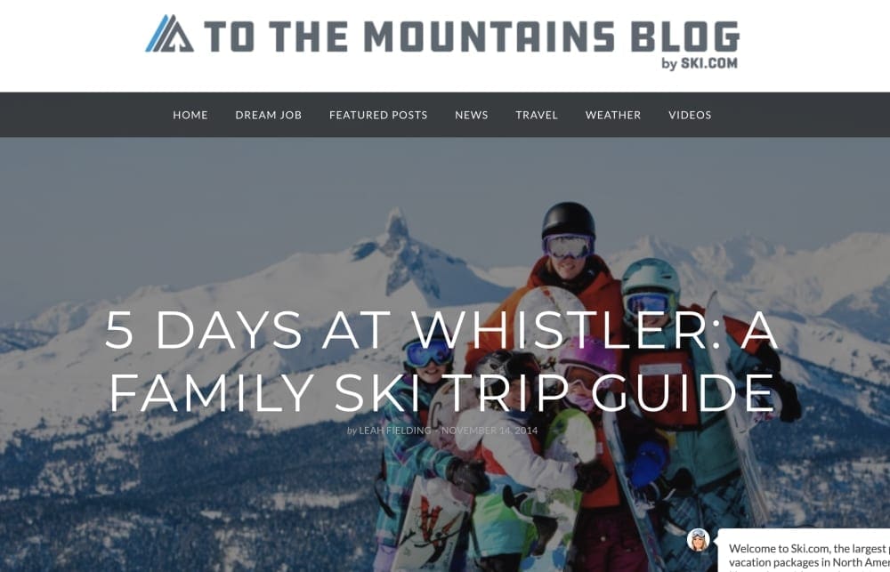 Website snapshot- Lead for To the Mountains Blog-ski.com