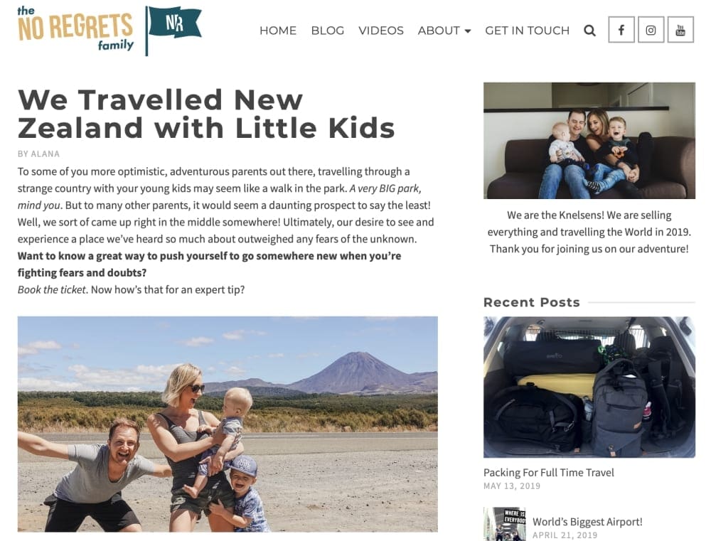 Screenshot of a blog by the No Regrets Family, offering one of the Best Blogs on Things to Do with Kids in New Zealand.