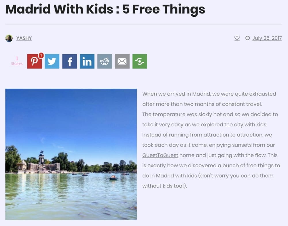 Website snapshot of Parenting To Go webpage regarding their tips for Spain's capitol.