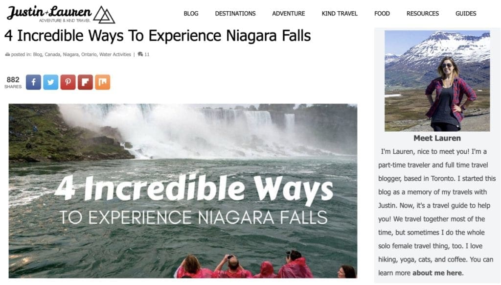 A screen shot of the blog by Justin + Lauren, offering one of the best Blogs on Things to Do in Niagara Falls.