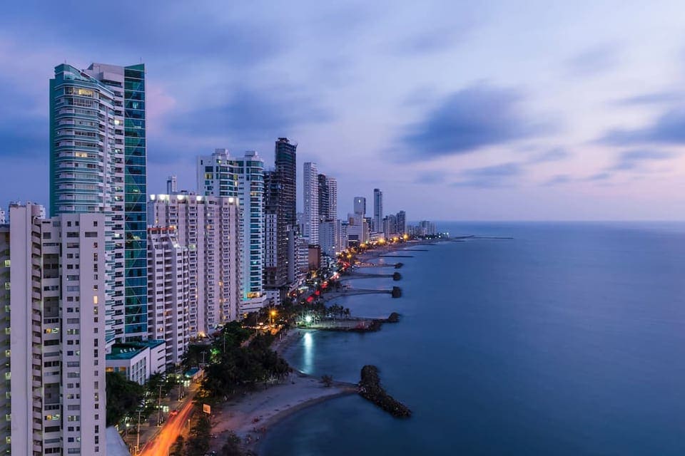 A view of the skyline along the beach in Cartagena, featuring the Hyatt Regency Cartagena.