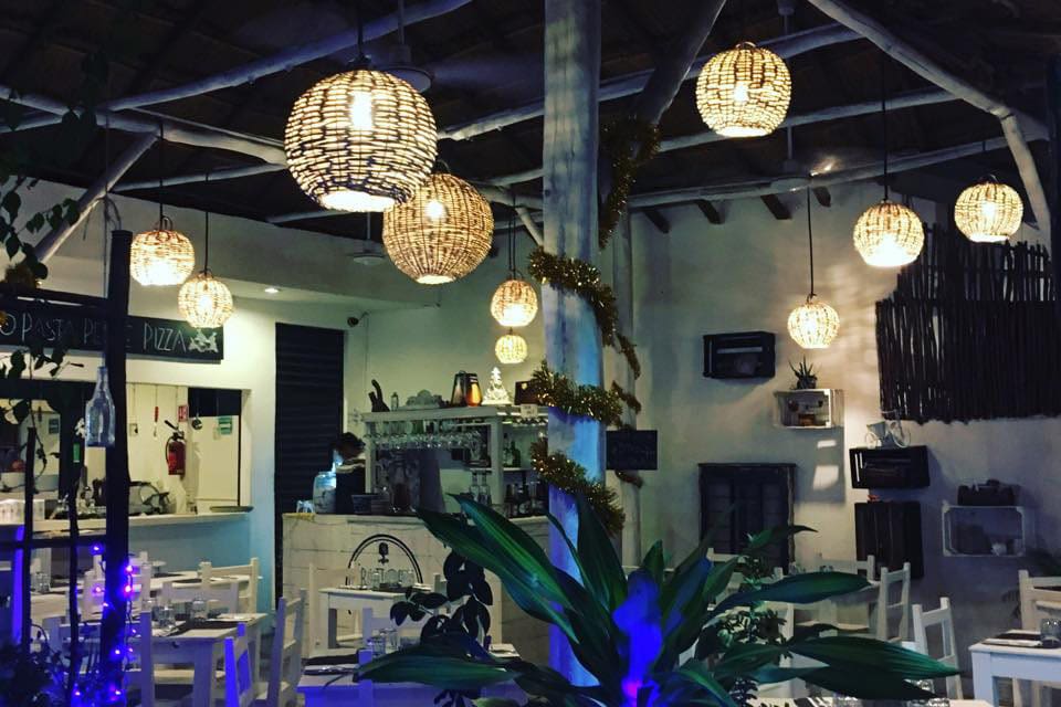 Inside Trattoria del Centro, one of the best restaurants in Playa del Carmen with kids, featuring blue and white colors, as well as tropical plants.
