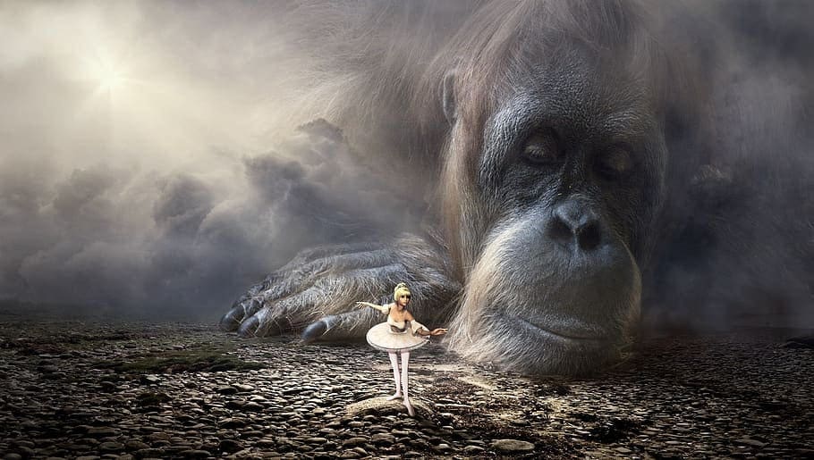 Monkey King: Hero Is Back movie poster featuring a giant orangutan and a ballerina.