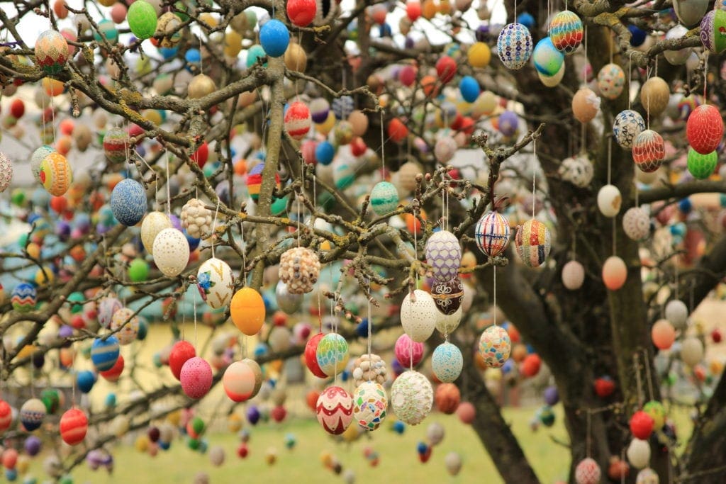 A German tree is decorated to the max with colorful eggs hanging from each limb. This is a special German tradition we will learn about as we explore Easter around the world.