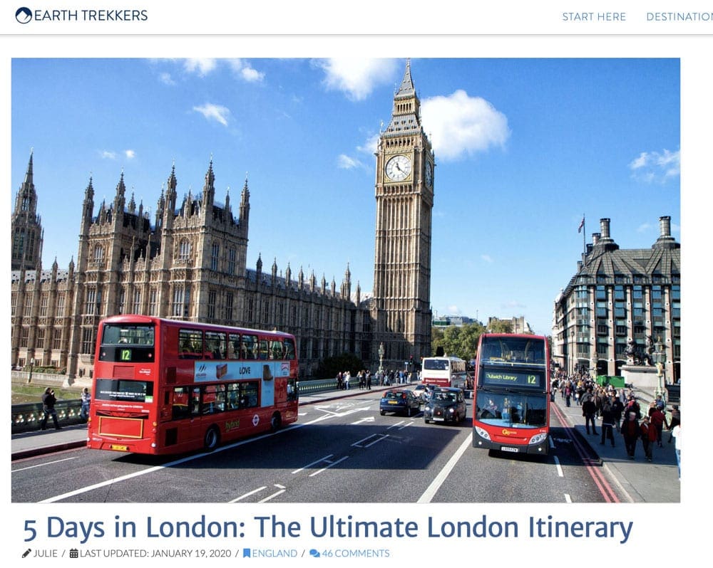 Screen grab from Earthtrekkers website- Family-Friendly London Itineraries
