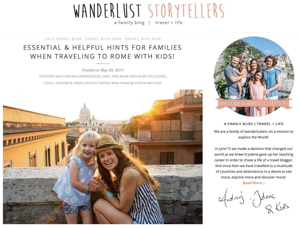 Screen grab of Wanderlust Storytellers website, featuring their bio and an article titled "Essential & Helpful Hints for Families When Traveling to Rome with Kids!".