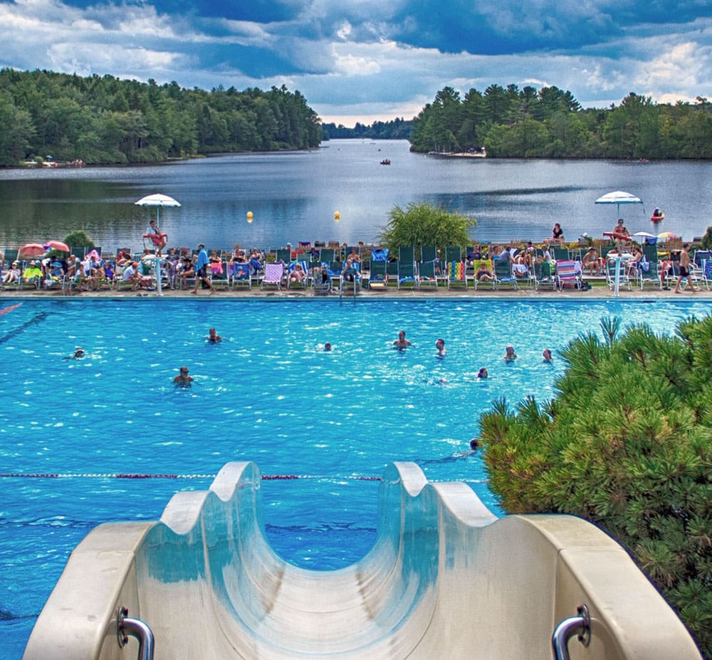 View looking down a water slide at Lake Naomi, one of the best lakes near New York City for families.