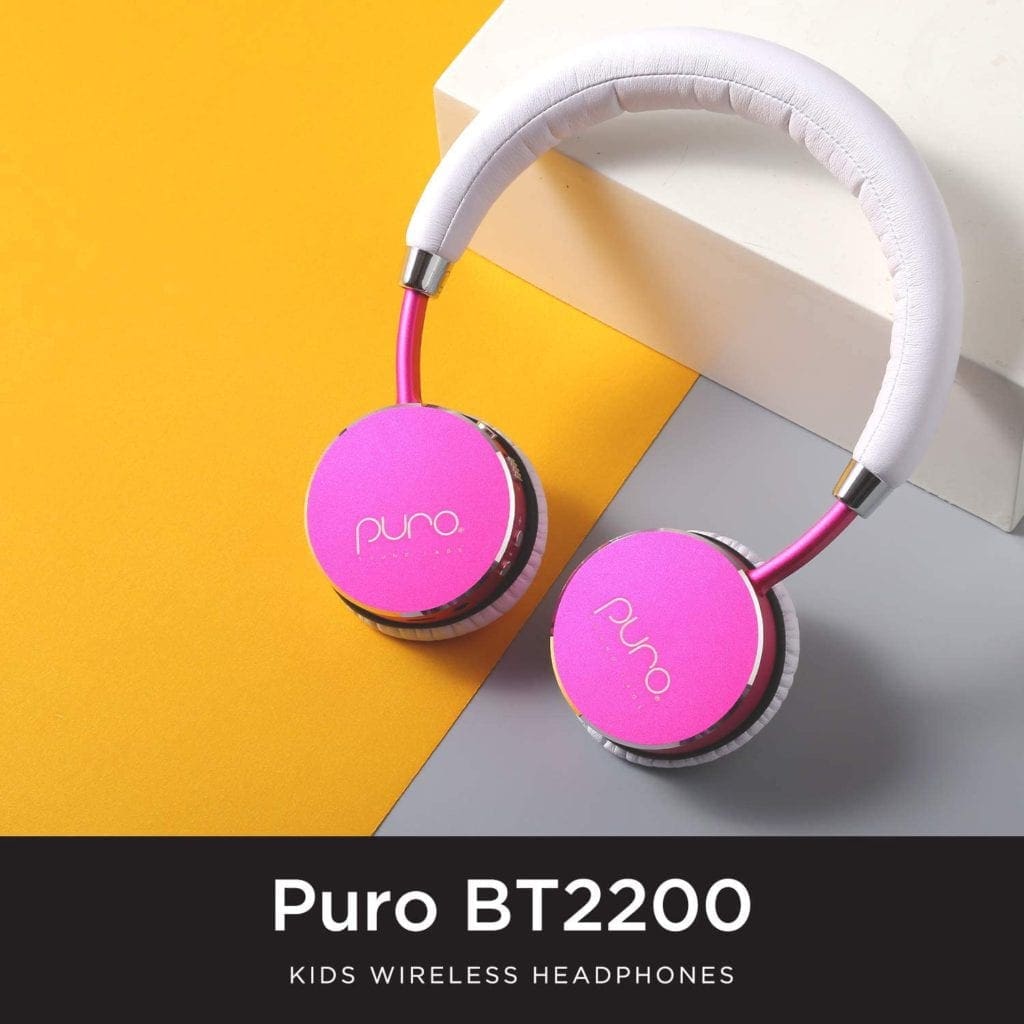 Product shot of the Puro Sound Labs BT2200 in white and pink, against a yellow and gray background.