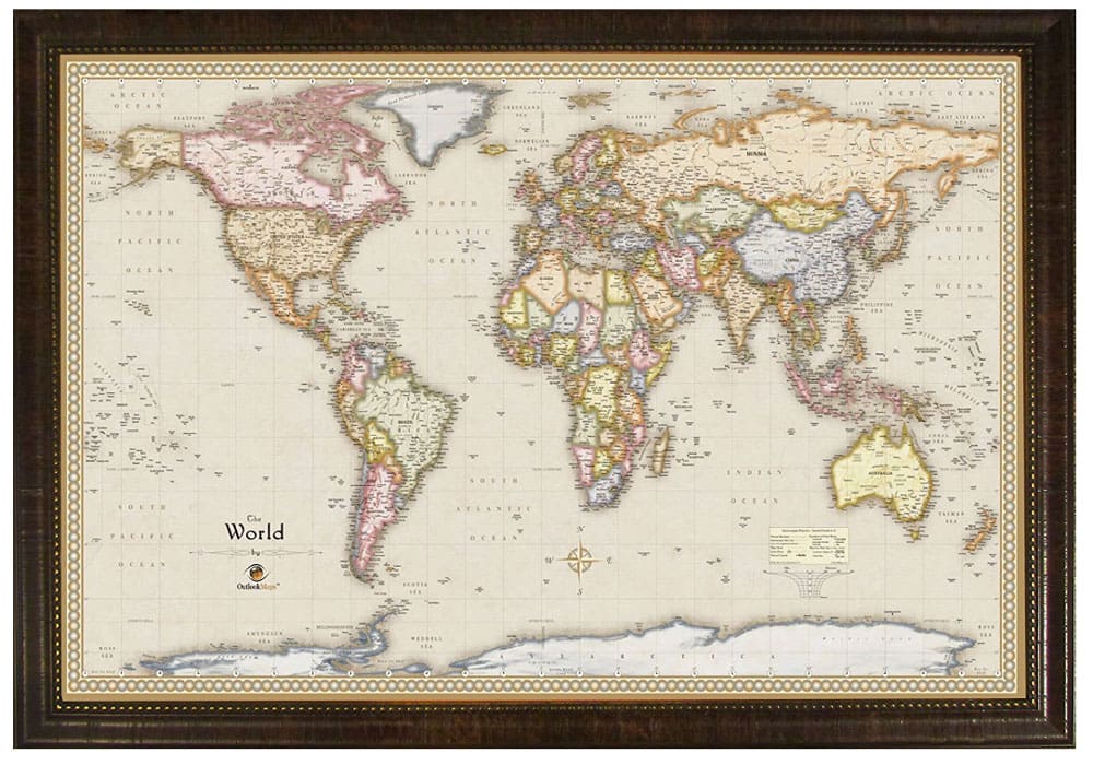 World travel map by Homemagnetics, which allows families to use push pins to mark their travels.