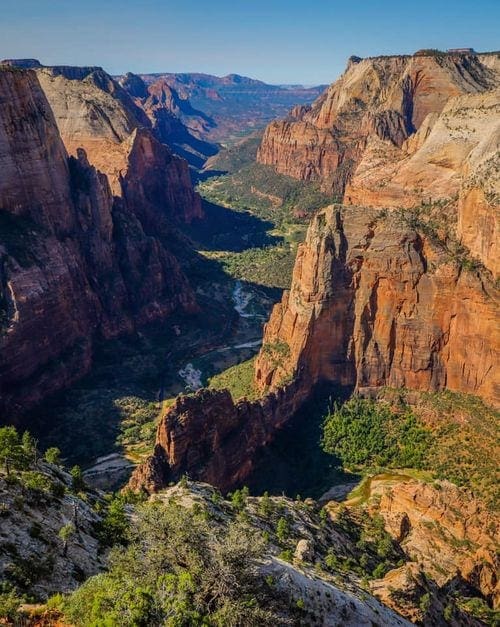 A view of a large canyon in Zion National Park.