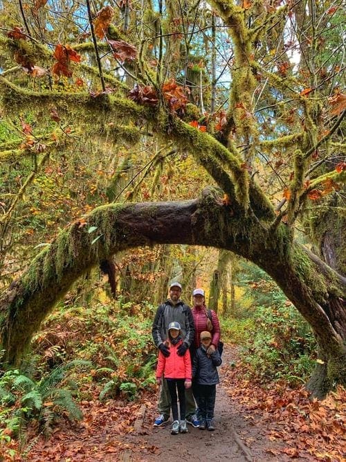 A family of four stand under a large mossy tree in Olympic National Park.