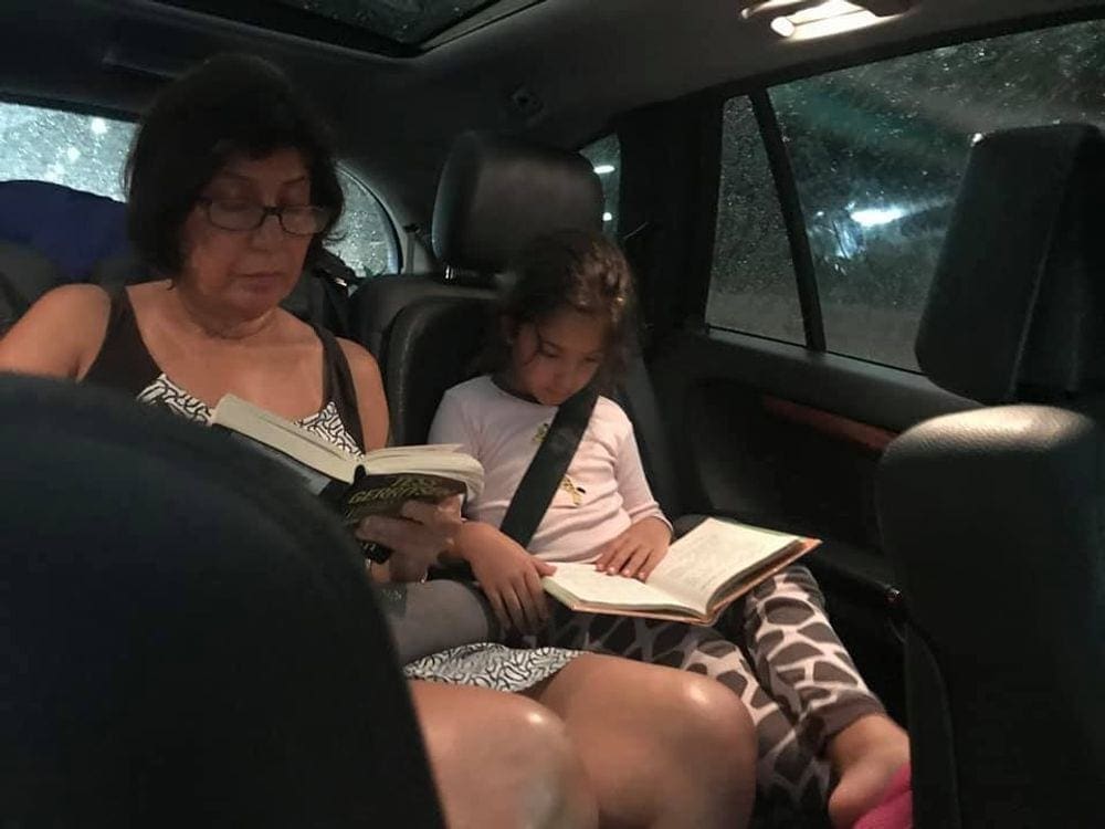 A young girl and older woman both read their own books in the back seat of a car. Reading aloud is one of the best family road trip games.