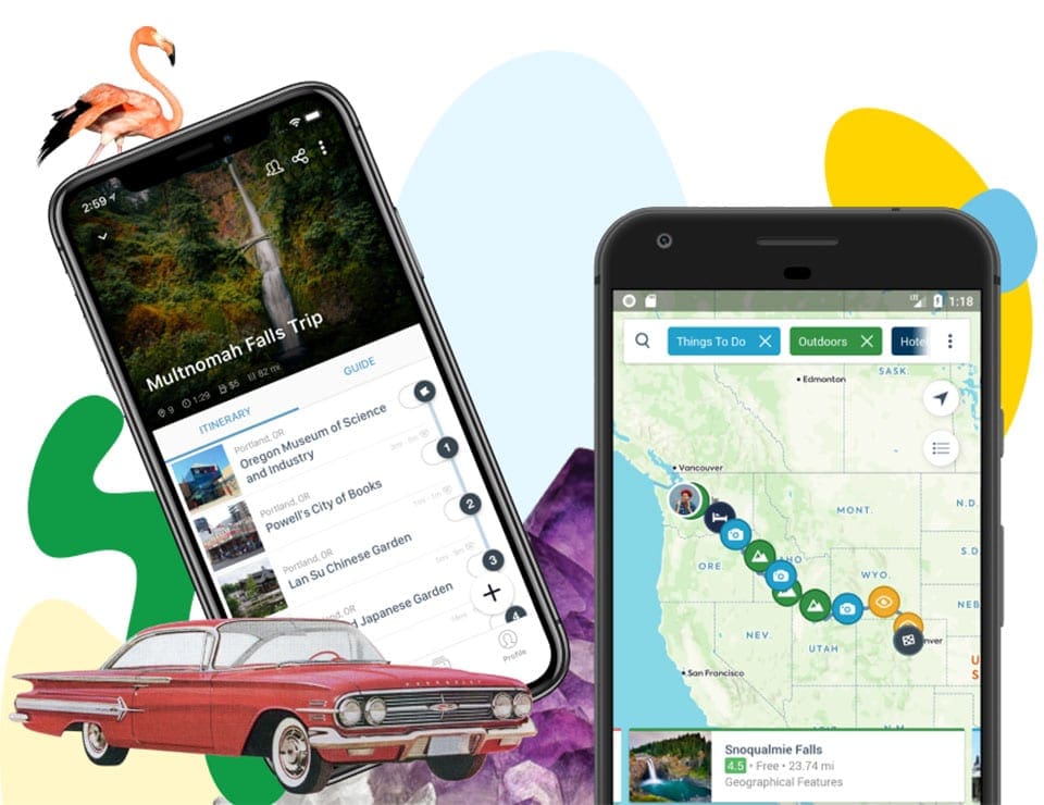 A view of two screens featuring the unique options offered by the Roadtrippers app.