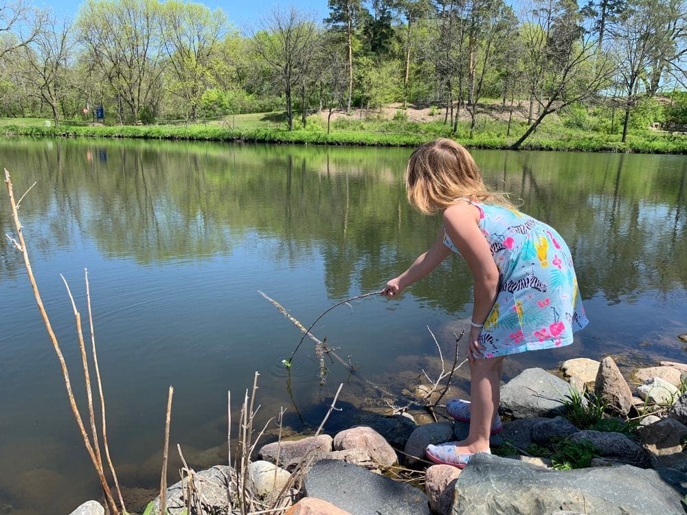 Young girl pokes a stick into a large pond on a sunny day.