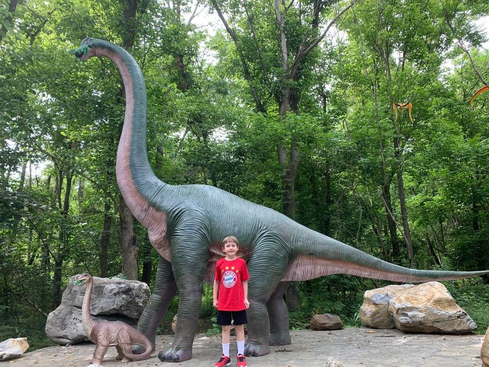 A young boy smiles as he stands in front of a large dinosaur statue of an Apatosaurus. A smaller version of the Apatosaurus statue is stationed to the left of the boy.