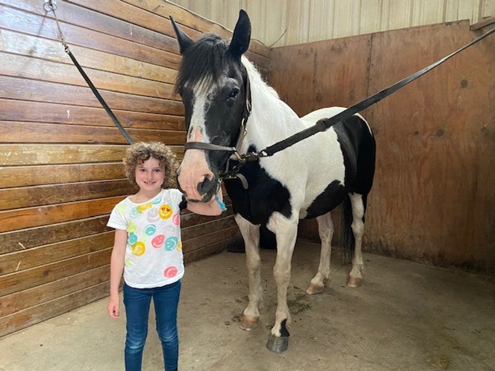 A young girl with smiley faces on her shirt stands in front of a black and white hourse in a stable at Vertical Limit Stable. Horseback riding is a great activity in the Catskills with kids.