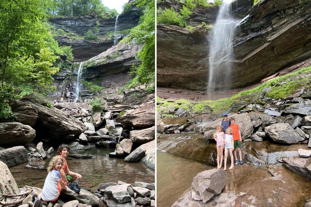 The image on the left: two children sit among a number of rocks circling a pond of water below the cascading Kaaterskill Falls. The image on the right: a mom stands with her three children below the Kaaterskill Falls on a sunny day.