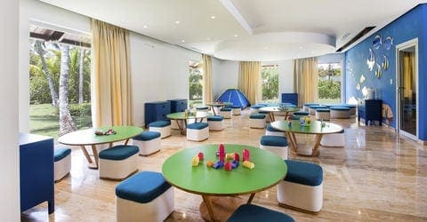 Inside the kids club at Meliá Caribe Beach Resort, featuring calming colors and blocks.