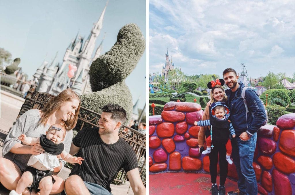 Left Image: A family of three sits in front of one of the hedges in Magic Kingdom. Right Image: A family of three stands at a popular Magic Kindom spot.