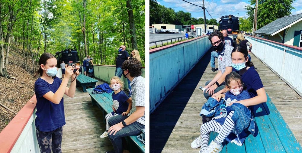 Left Image: A woman takes a picture of her husband and son on the Catskill Mountain Railroad. Right Image: A family of three smiles while riding the Catskill Mountain Railroad on a beautiful autumn day.