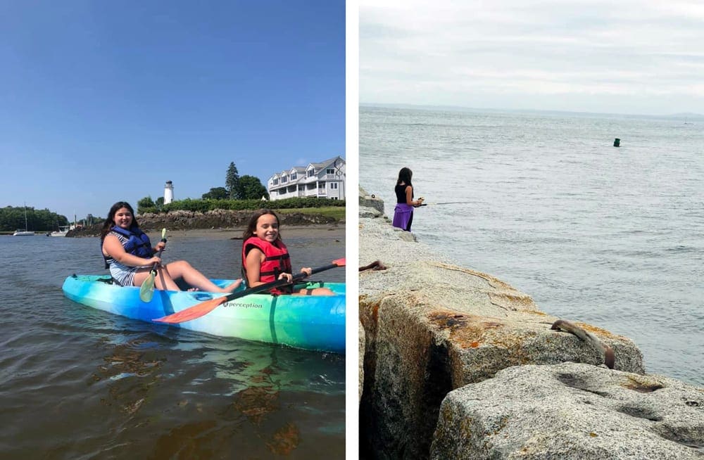 Left Image: Two young girls kayak off shore at The Nonatum Resort in Maine. Right Image: A young girl fishes among the rocks along the shore of The Nonantum Resort.