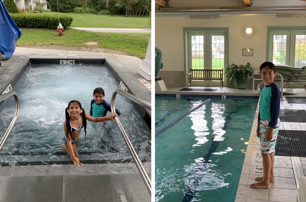 Left Image: A girl climbs out of a cozy outdoor hot tub while her brother stays in. Right Image: A young boy stands by a lovely indoor pool at The Equinox Golf Resort & Spa, one of the best Vermont hotels for families.