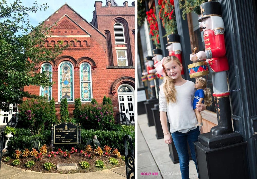 Left Image: the Historic Franklin Presbyterian Church in full glory, featuring stained glass windowns and lovely green landscaping. Right Image: A blonde pre-teen with a huge pink bow hold her matching doll on a winter morning along the shops of Franklin, TN, which all showcase holiday nutcrackers in front of their doors.