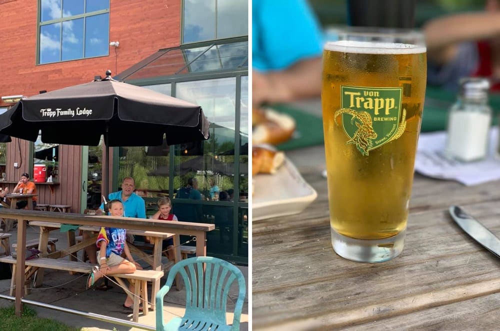 Left Image: A father and two child sit enoying a meal at the brewery attached to the Trapp Family Lodge. Right Image: A close up view of one of the lagers brewed at Von Trappy Brewing.