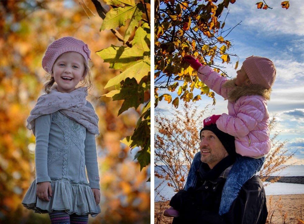 Left image: A young girl wearing a grey coat and a pink hat stands beaming framed in golden leaves on an autumn day. Left image: A young girl wearing a pink coat and hat sits upon her father's shoulders reaching up into a tree filled with yellow autumn leaves on a sunny day.