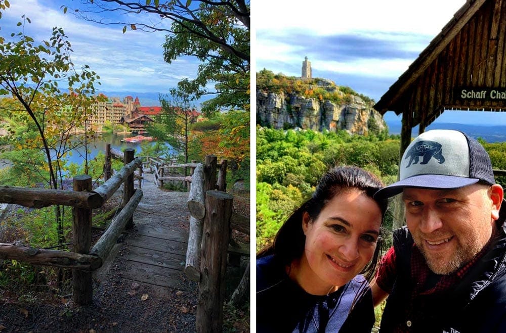 Left images: a path extends leading down a set of stairs on the Mohonk Mountain Trail. Fall foliage can be seen in the distance. Right image: a man and woman take a selfie on a brilliant autumn day, highlight the many fall hues behind them in the trees.