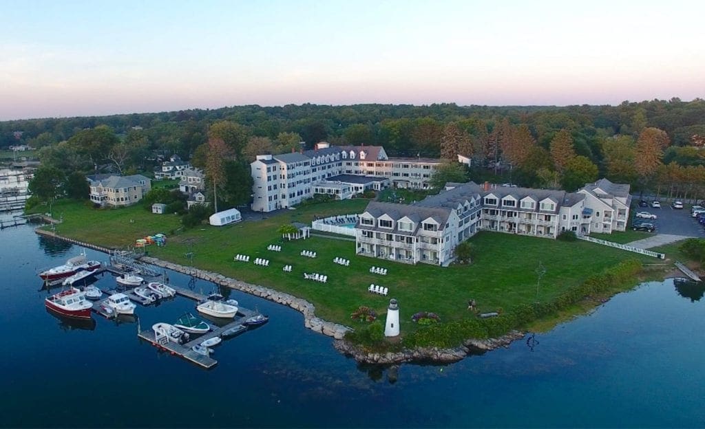 Aerial view of The Nonantum Resort right before sunset on a crisp autumn day.
