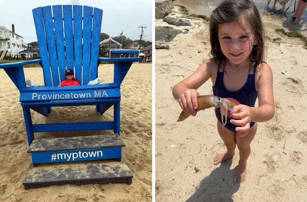 Left Image: A boy in a red shirt sits in an oversized blue adirondack chair reading "Provincetown, MA #myptown". RIght Image: A yong girl holds a mediumn sized squid while standing on the beach in Provincetown, MA.