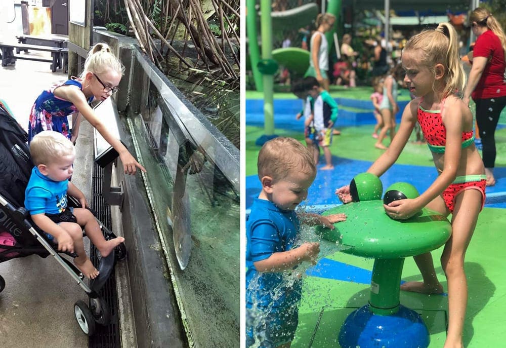 Left Image: Two kids point to a large fish within a shallow tank. Right Image: Two kids play at an outdoor splash pad.