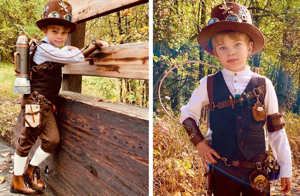Left Image: A young boy wearing a Steampunk costume leans against a fence. Right Image: A young boy proudly displays his Steampunk-inspired costume, featuring gears, stop watches, leather, and more.