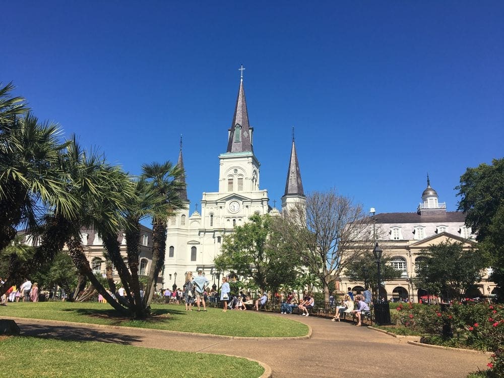 A view of Jackson Square with St. Louis Cathedral in the background.