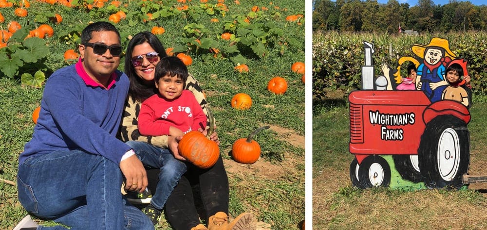 Left Image: A family of three sits among pumpkins in a filed at Wightman Farms. Right Image: A child sticks his face through a cutout in a large wood tractor.