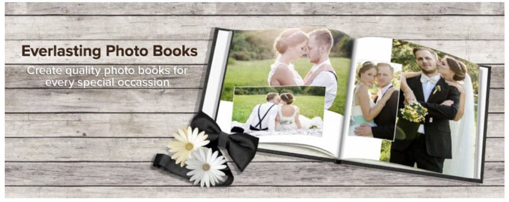 A view of an open album featuring wedding pictures, done by SmileBooks.