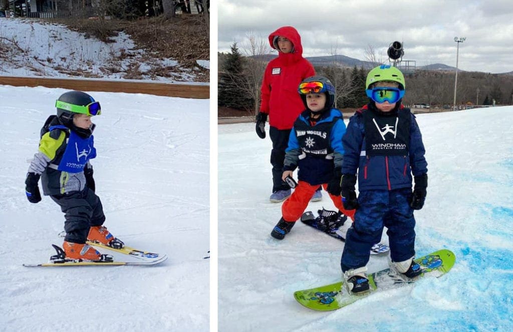 Left Image: A young boy wearing a dark snowsuit looks down at his skis. Right Image: A ski instructor stands behind two young kids on snowboards. Considering ski lessons is one of the best tips for skiing with kids for the first time. 