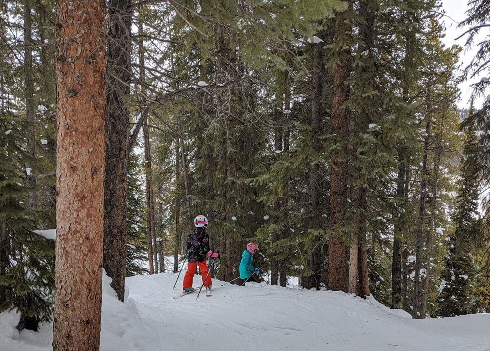 Two young kids wearing bright snowsuits ski among tall trees at Copper Moutain.