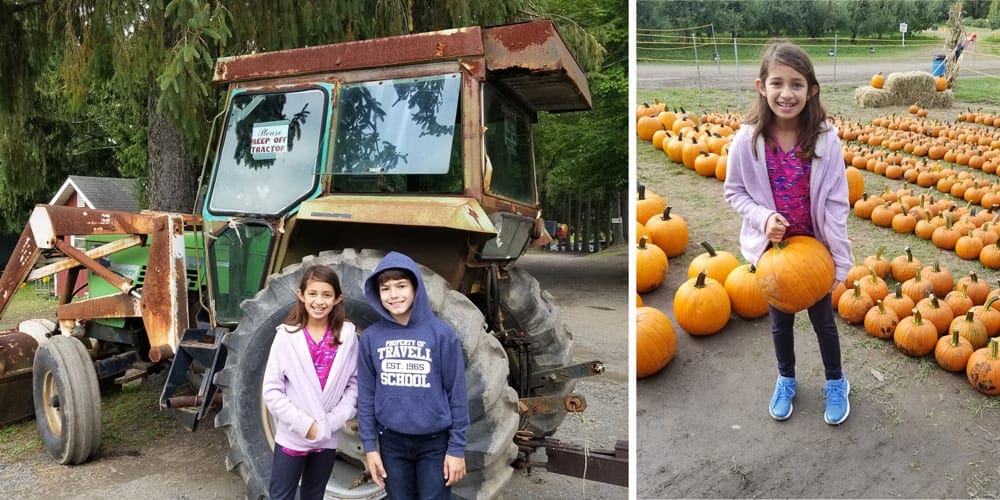 Left Image: Two kids stand in front of a large, defunt tractor at Masker Orchard. Right Image: A young girl in pink holds up a large pumpkin.