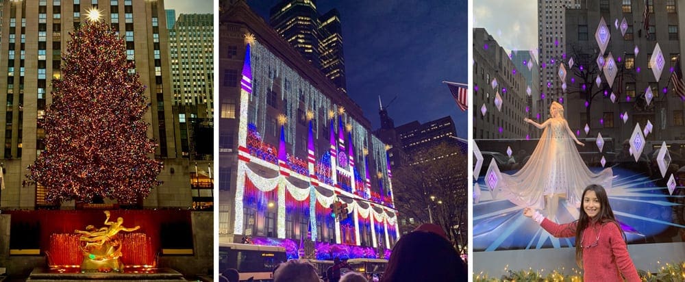 Left Image: A large Christmas tree in NYC. Center Image: A building lit up with colorful Christmas lights in NYC. Right Image: A young girl points to a Christmas light display, featuring a Elsa, in NYC.