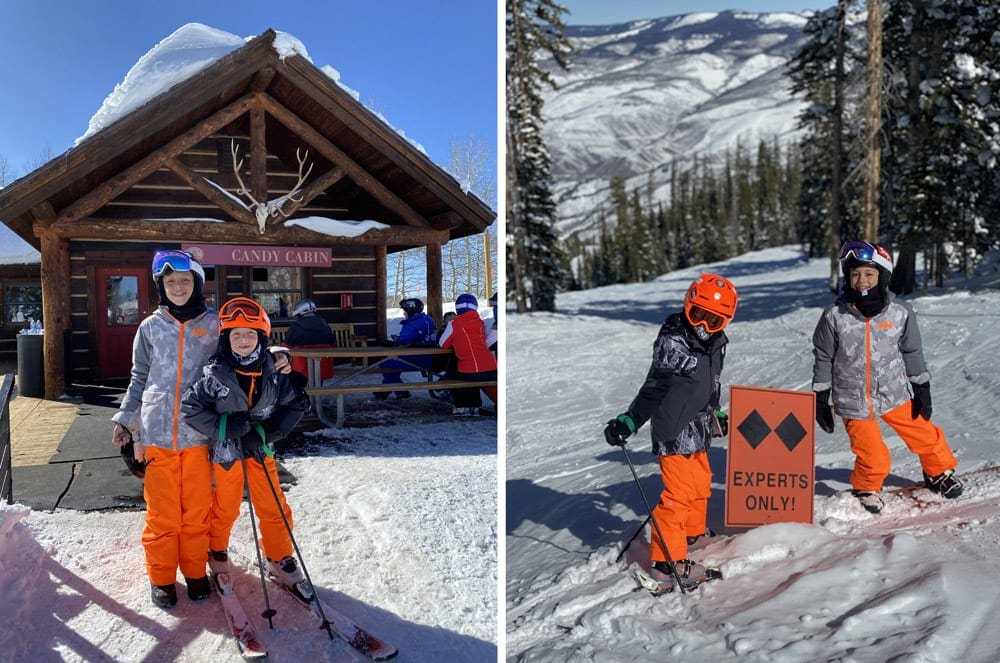 Left Image: Two young boys in snow gear stand in front of the Candy Shop in Beaver Creek. Right Image: Two young boys wearing skis stand next to an orange sign reading "experts only" and showing two black diamonds at Beaver Creak.