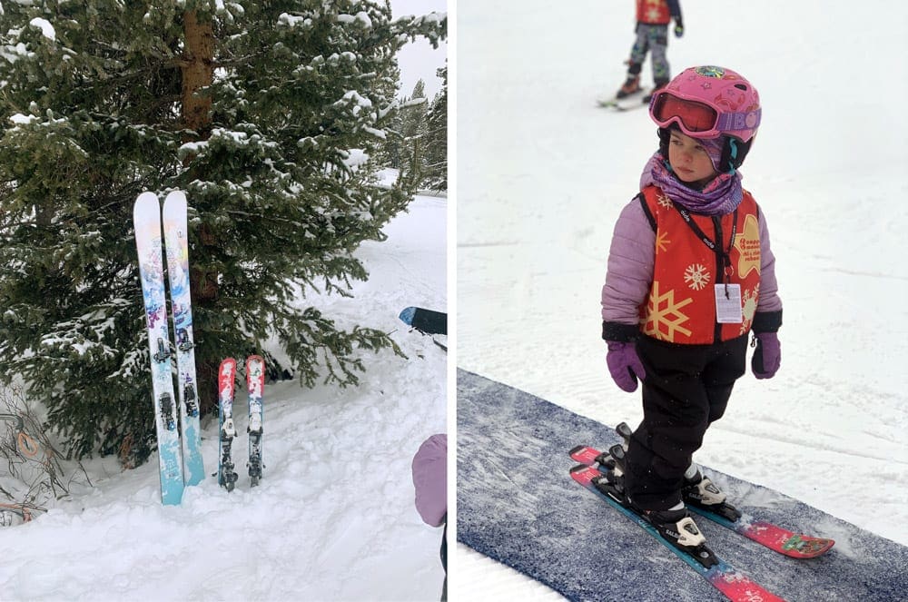 Left image: a photo of two pairs of skis (adult and child) up against a Christmas tree. Right image: a photo of a young girl skiing in a pink helmet and red jacket. Packing for al situations is one of the best tips for skiing with kids for the first time. 