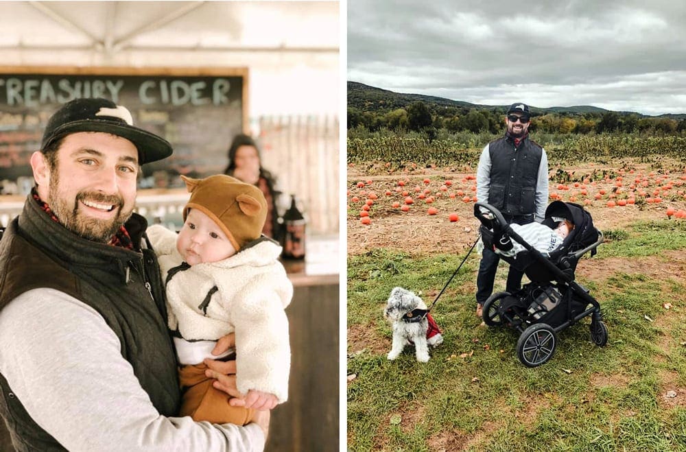 Left Image: A dad holds his infant daughter at Fishkill Farms. Right Image: A dad holds at leash attached to a small dog in one hand and a stroller with a baby in the other in front of a pumpkin patch at Fishkill Farms, one of the best pumpkin patches near NYC to visit with kids.
